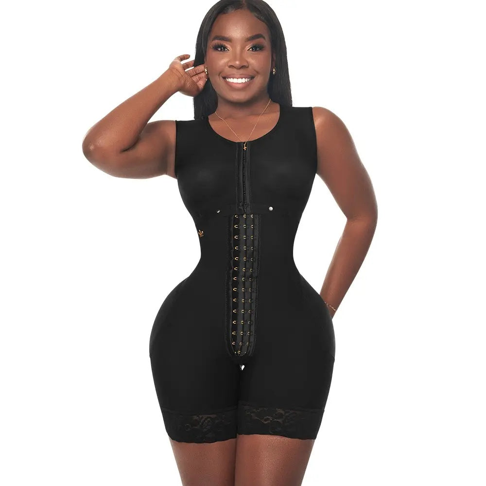 Mid Thigh Bodysuit With Bra High Compression / Runs Small •High Compression / Runs small •3 Compression Hook Levels • Perineal Zipper • Black (One Size for Hips and another for Waist) (LUXBBL-293)