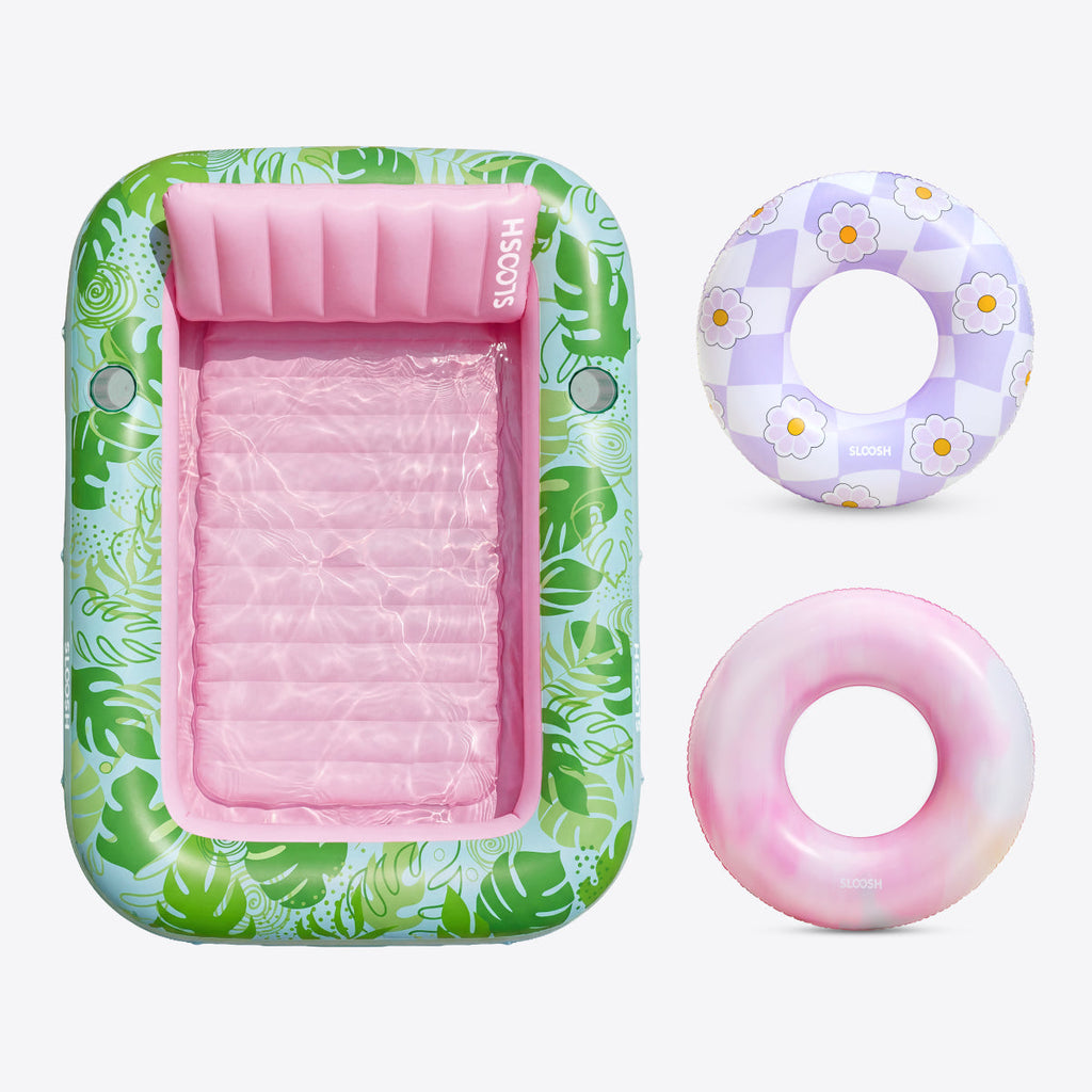 SLOOSH Cyan Pink 85" Tanning Pool with 2 Swim Rings Best Friend Choice Bundle