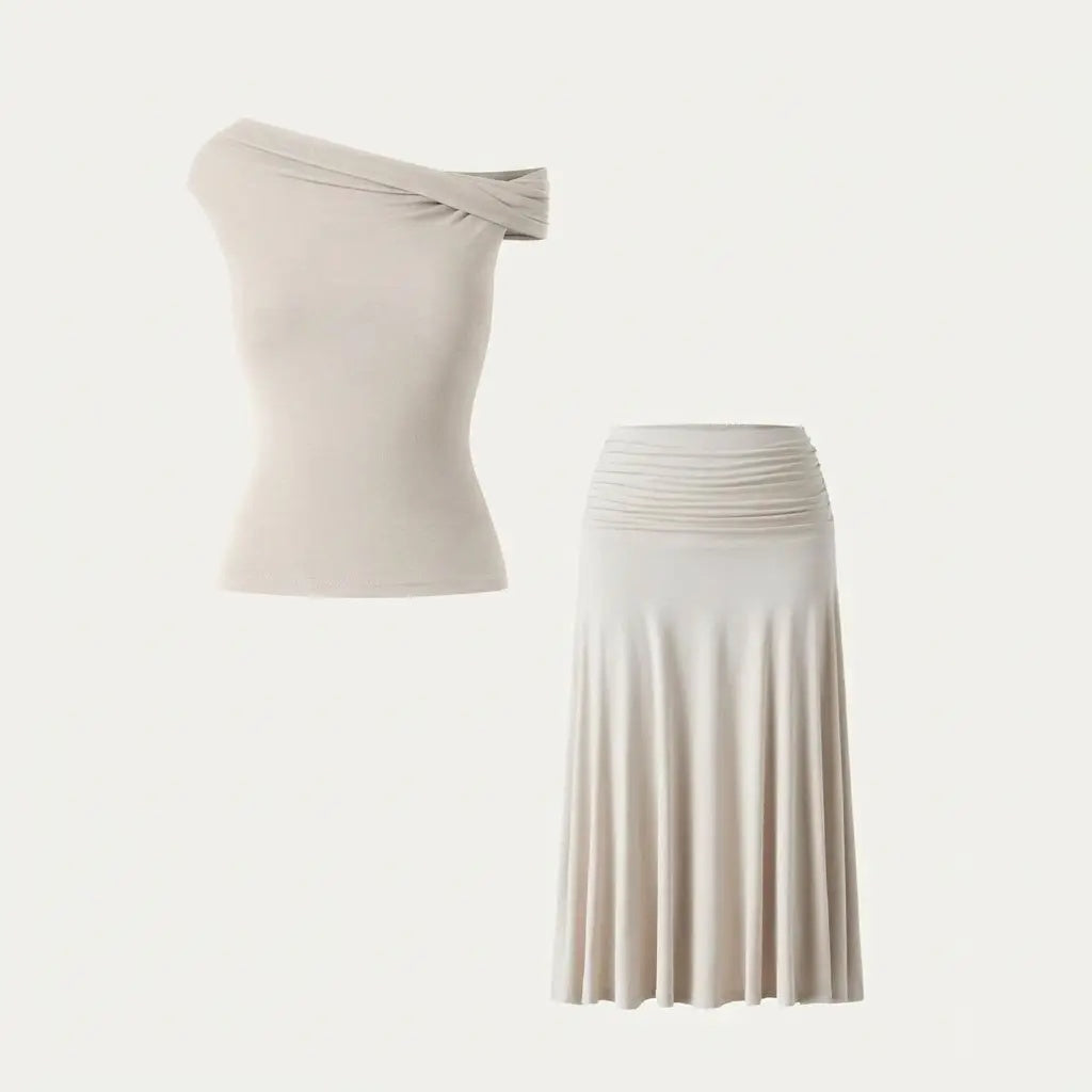 2Pcs Set Multi-wear Versatile Necklines Brami Top & Flowy Side Ruched A-line Midi Skirt with Built-in-Bra SkinKiss for Summer Womenswear - matching sets women summerwins DealsForYouDays