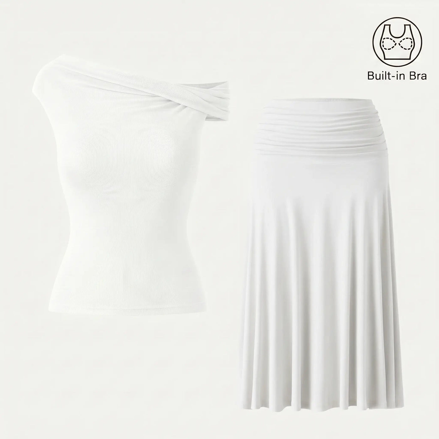 2Pcs Set Multi-wear Versatile Necklines Brami Top & Flowy Side Ruched A-line Midi Skirt with Built-in-Bra SkinKiss for Summer Womenswear - matching sets women summerwins DealsForYouDays