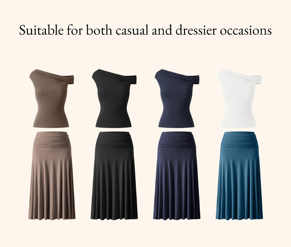 2Pcs Set Multi-wear Versatile Necklines Brami Top & Flowy Side Ruched A-line Midi Skirt with Built-in-Bra SkinKiss for Summer Womenswear - matching sets women summerwins DealsForYouDays