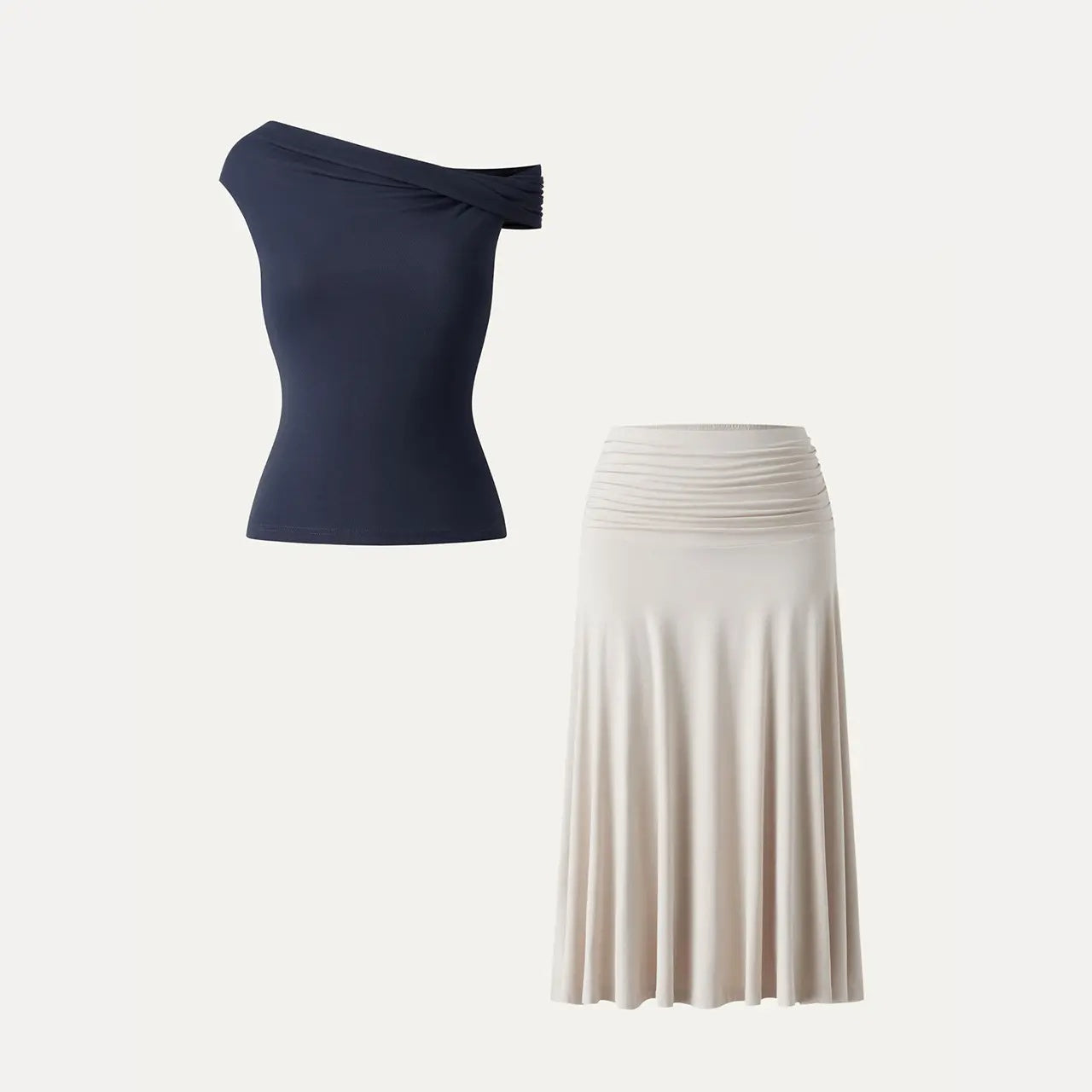 2Pcs Set Multi-wear Versatile Necklines Brami Top & Flowy Side Ruched A-line Midi Skirt with Built-in-Bra SkinKiss for Summer Womenswear - matching sets women summerwins DealsForYouDays