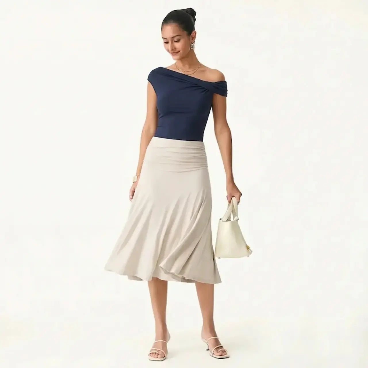 2Pcs Set Multi-wear Versatile Necklines Brami Top & Flowy Side Ruched A-line Midi Skirt with Built-in-Bra SkinKiss for Summer Womenswear - matching sets women summerwins DealsForYouDays