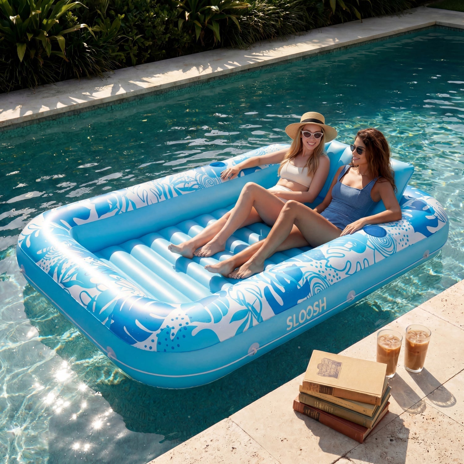 SLOOSH Inflatable Tanning Pool Lounger Float – XL 85"x57" , Cyan White