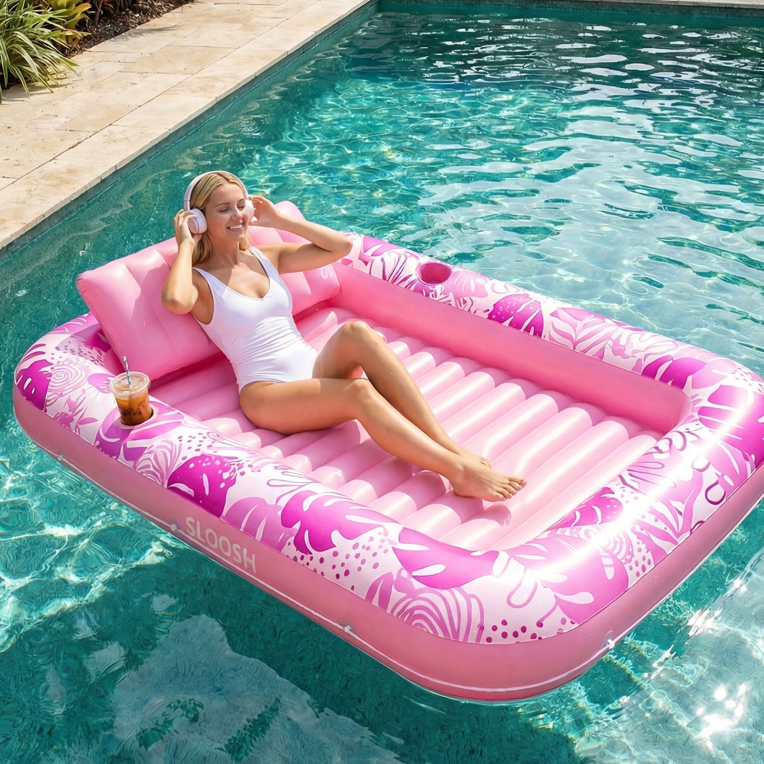 SLOOSH Inflatable Tanning Pool Lounger Float – XL 85"x57" , Cyan White