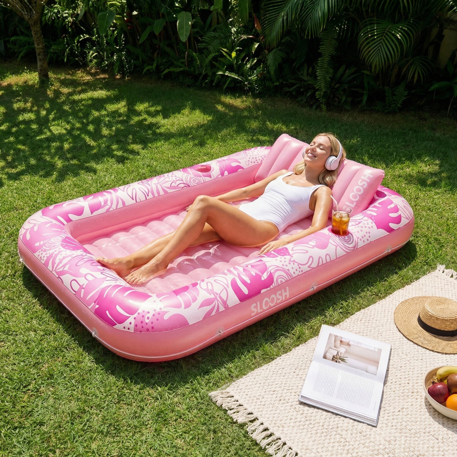 SLOOSH Inflatable Tanning Pool Lounger Float, Cyan Pink L, 70" x 46"