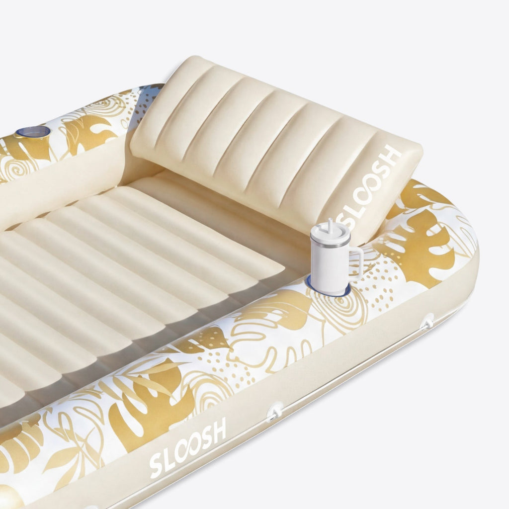 SLOOSH Inflatable Tanning Pool Lounger Float, Gold White  L, 70" x 46"