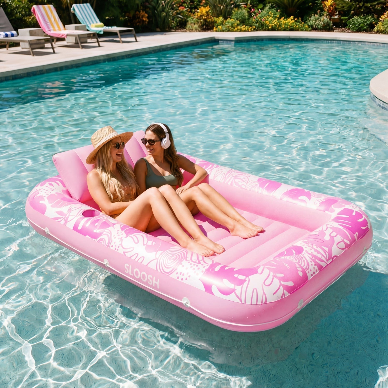 SLOOSH Inflatable Tanning Pool Lounger Float, Cyan Pink XL, 85" x 57"