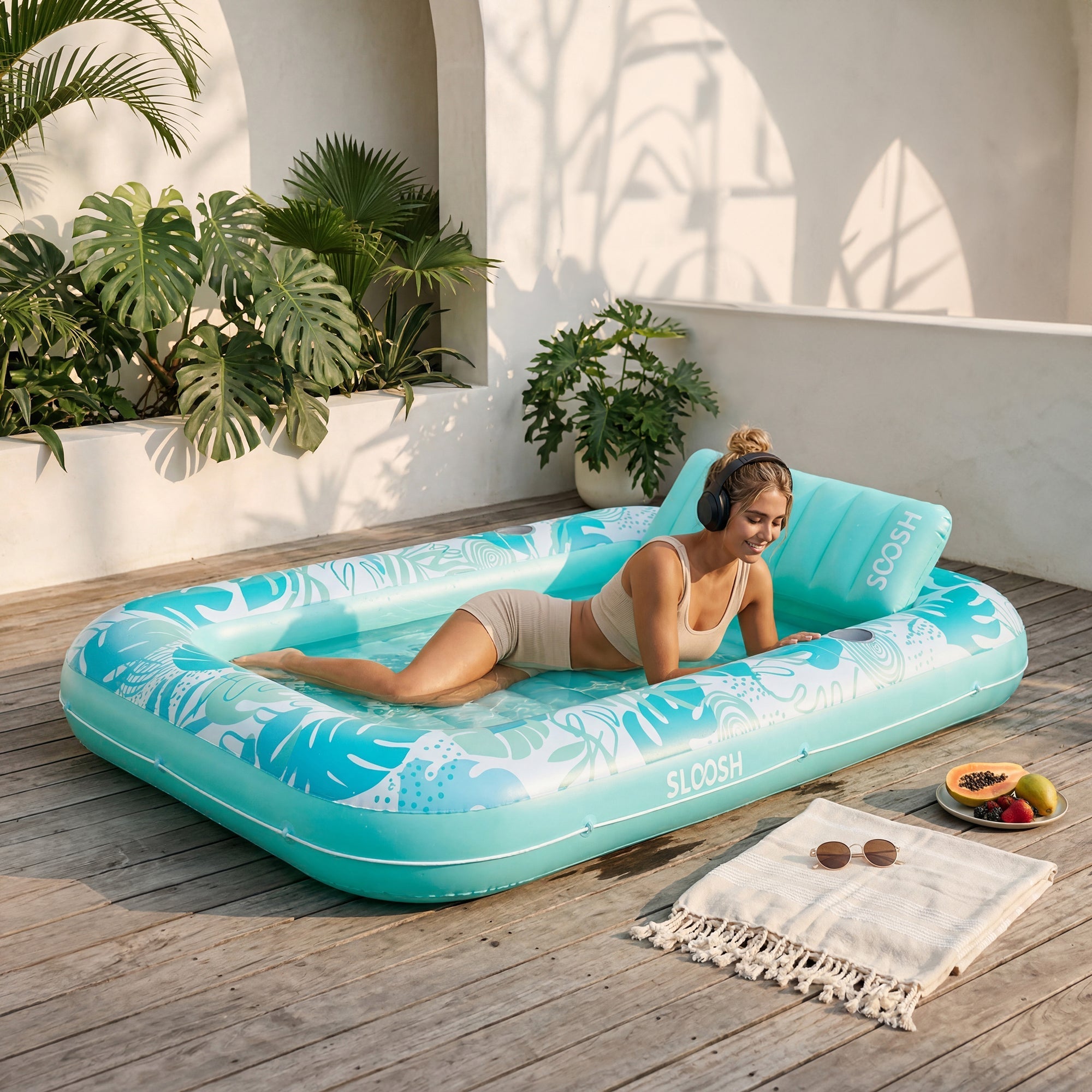 SLOOSH Inflatable Tanning Pool Lounger Float, Cyan Pink XL, 85" x 57"
