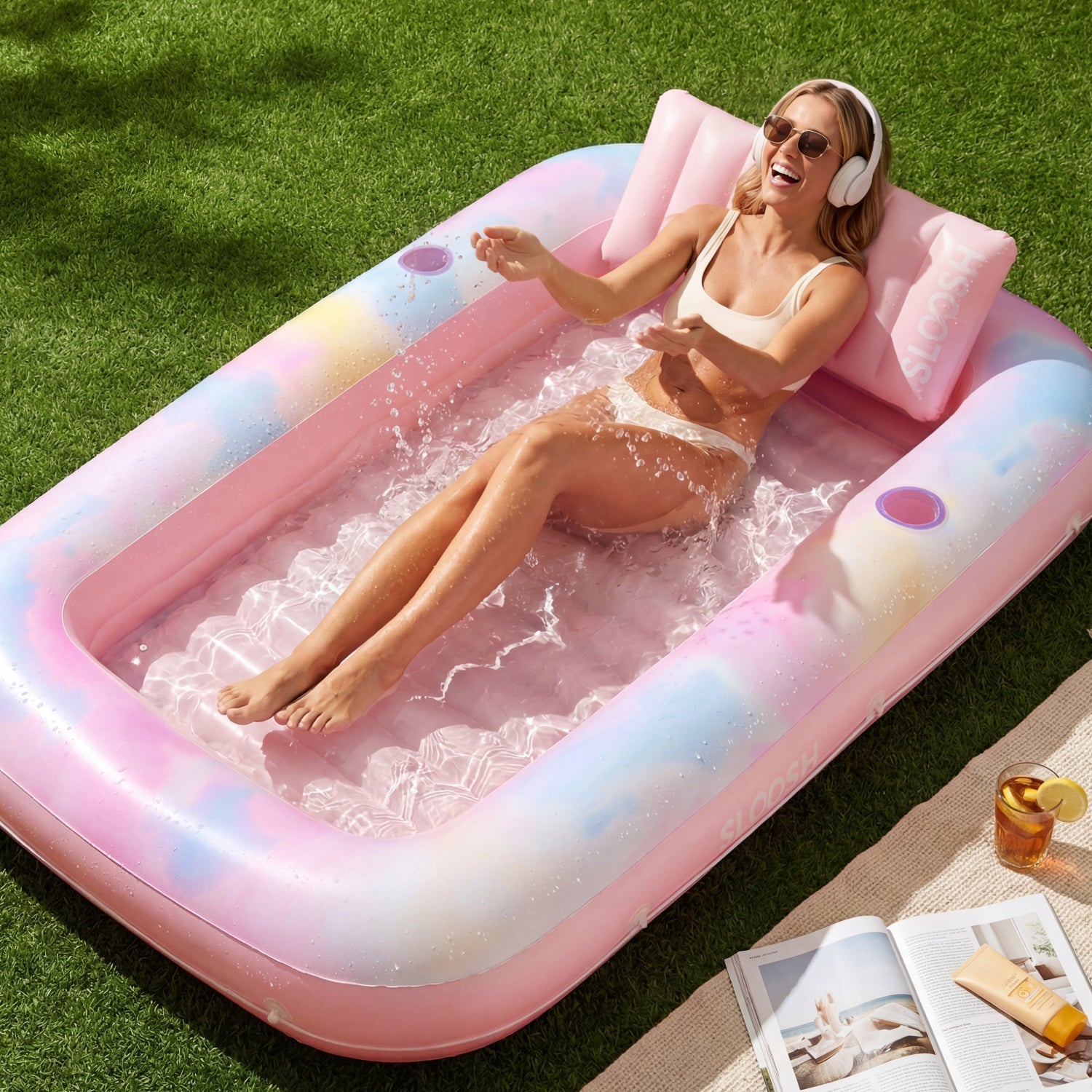 SLOOSH Pink Tie-dye Tanning Pool with Lounger High-picked Bundle