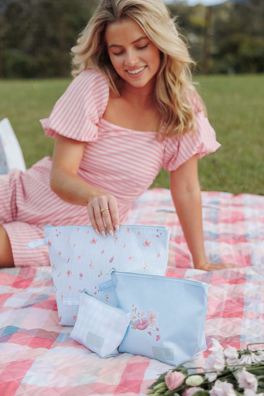Handy Pouch Trio - Blue Garden Stripe