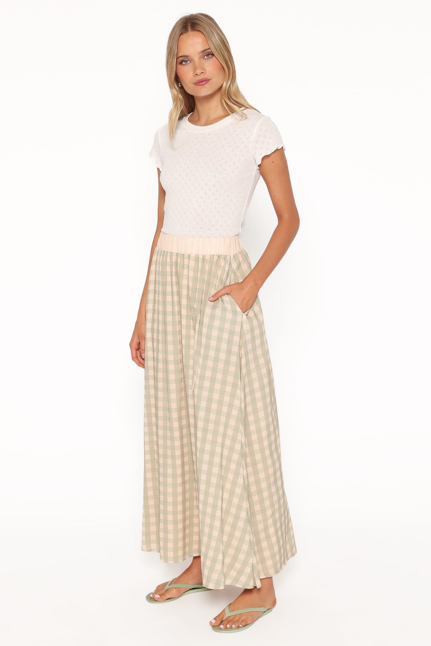 Daroda Midi Circle Skirt - Green/Pink Gingham