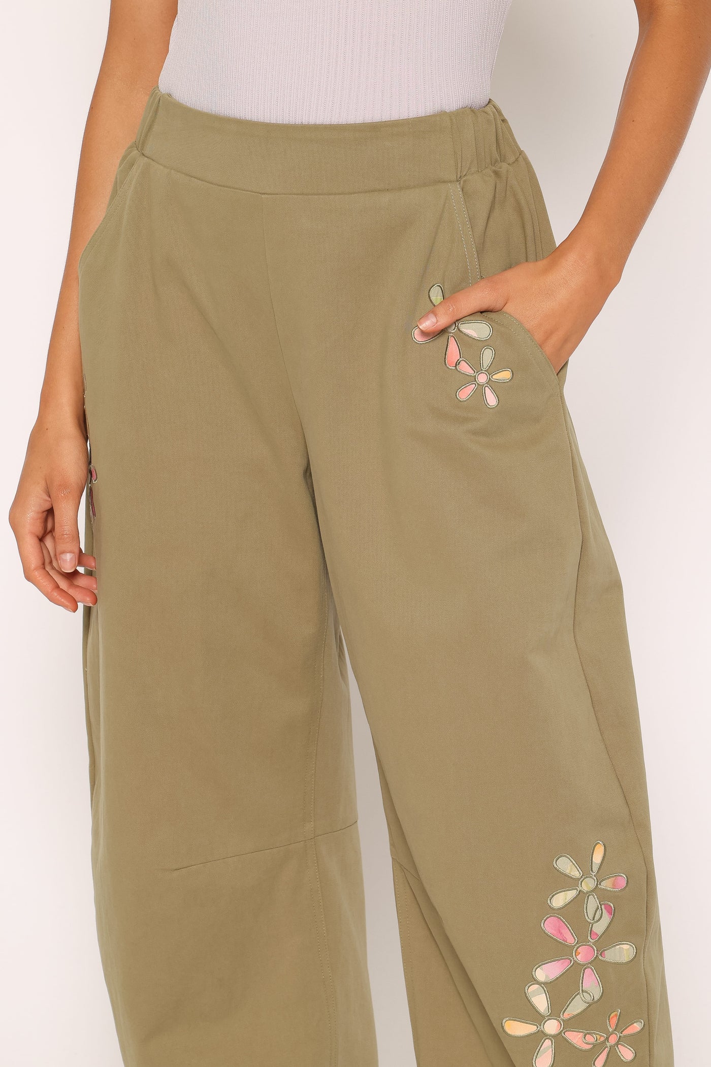 Telena Barrel Leg Pants - Olive Green Patchwork