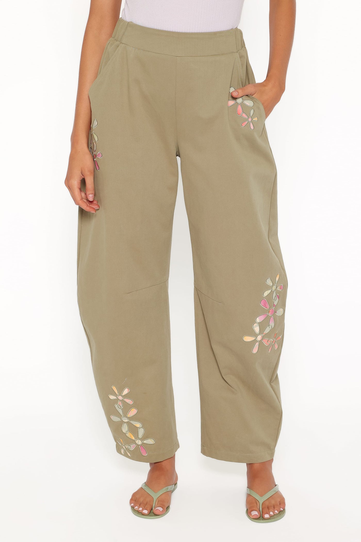 Telena Barrel Leg Pants - Olive Green Patchwork