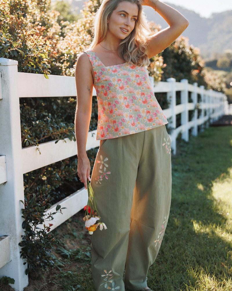 Telena Barrel Leg Pants - Olive Green Patchwork