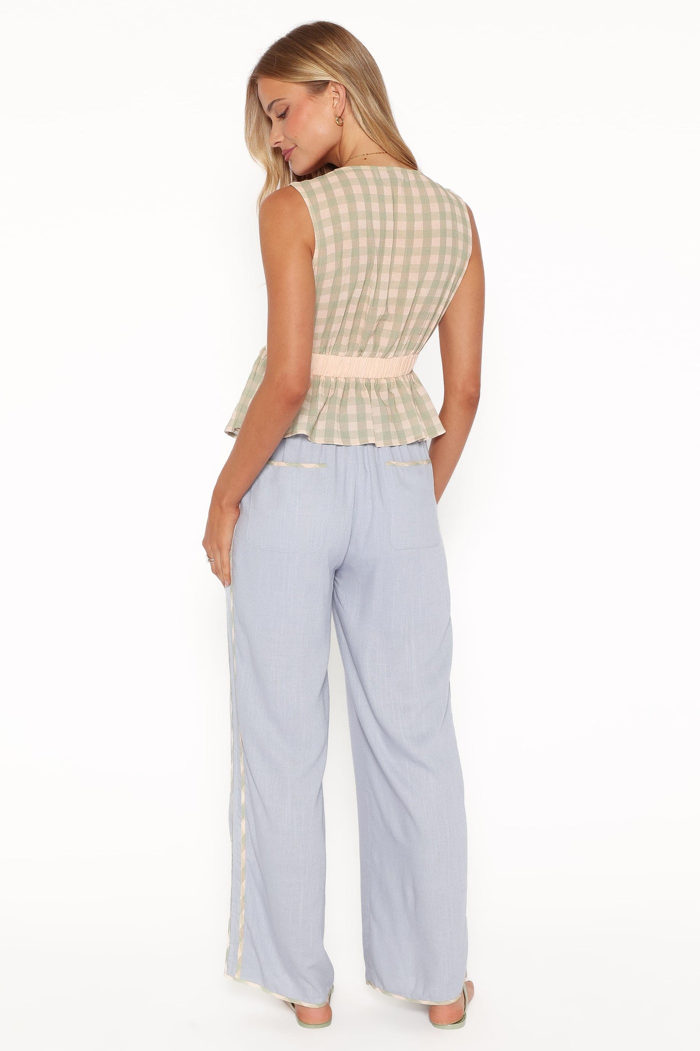 Venda Contrast Trim Pants - Light Blue Linen