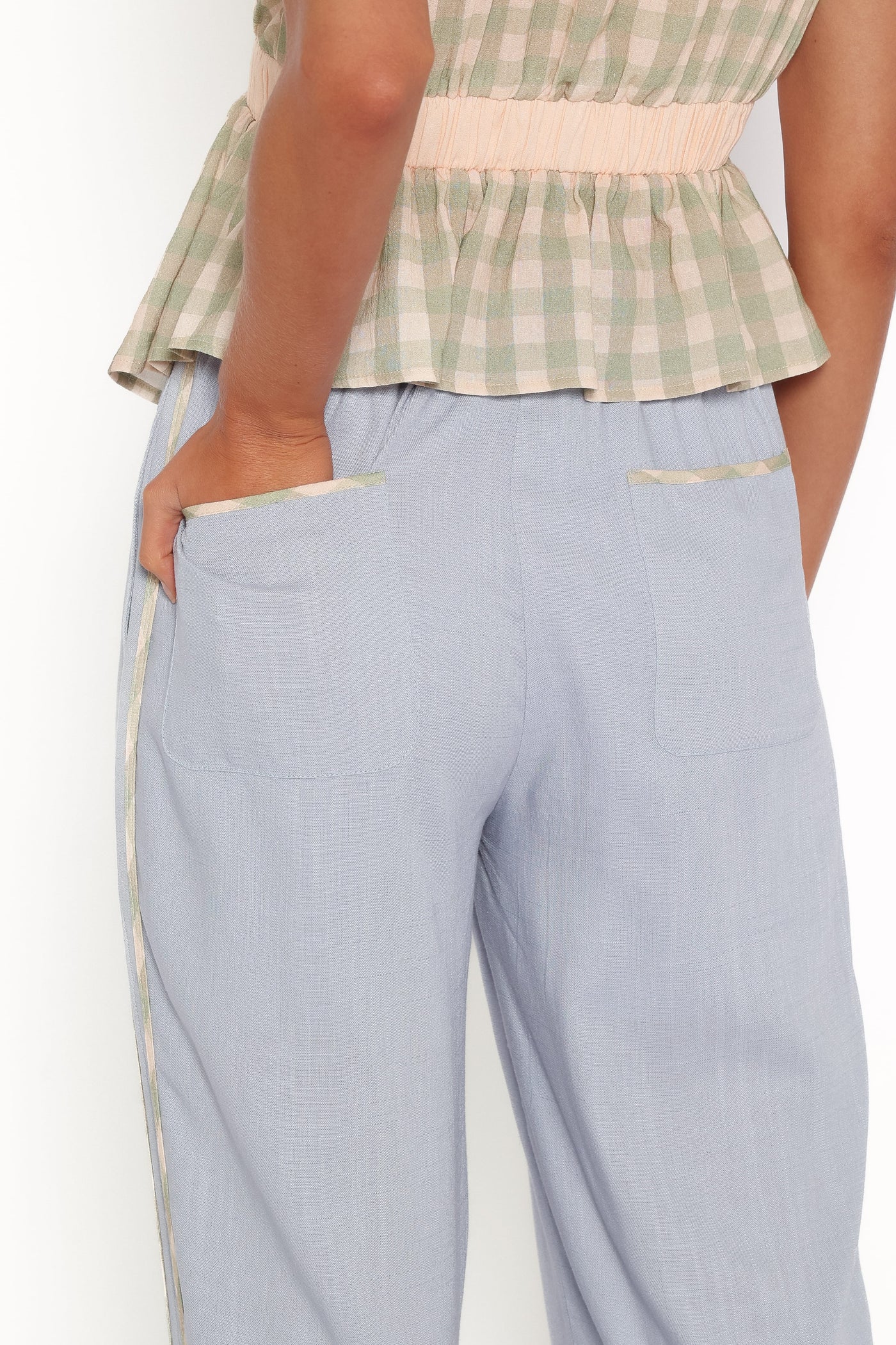 Venda Contrast Trim Pants - Light Blue Linen
