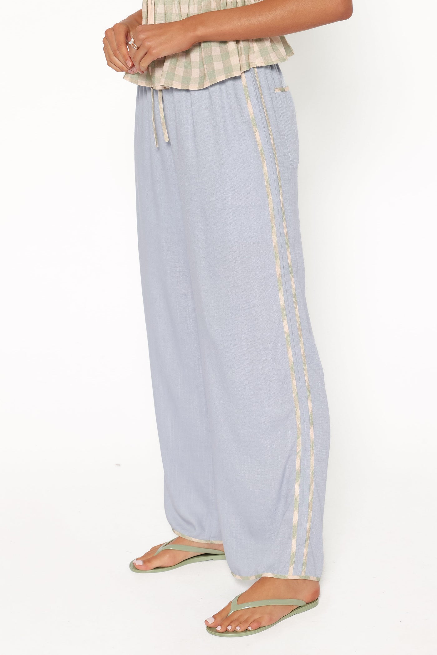 Venda Contrast Trim Pants - Light Blue Linen