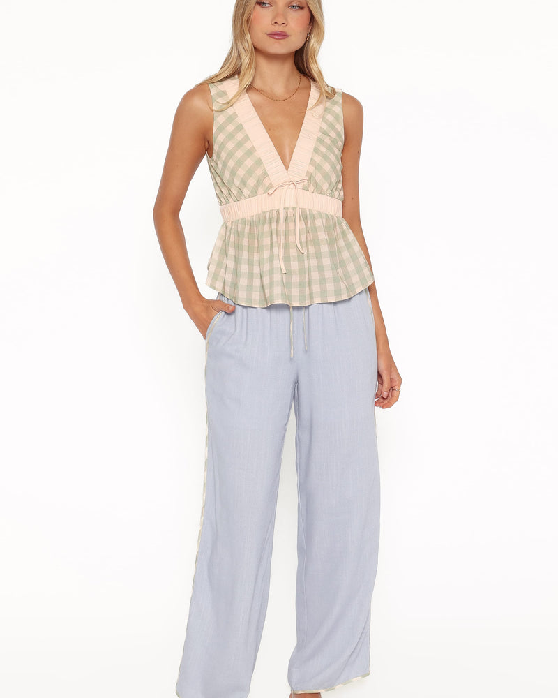 Venda Contrast Trim Pants - Light Blue Linen
