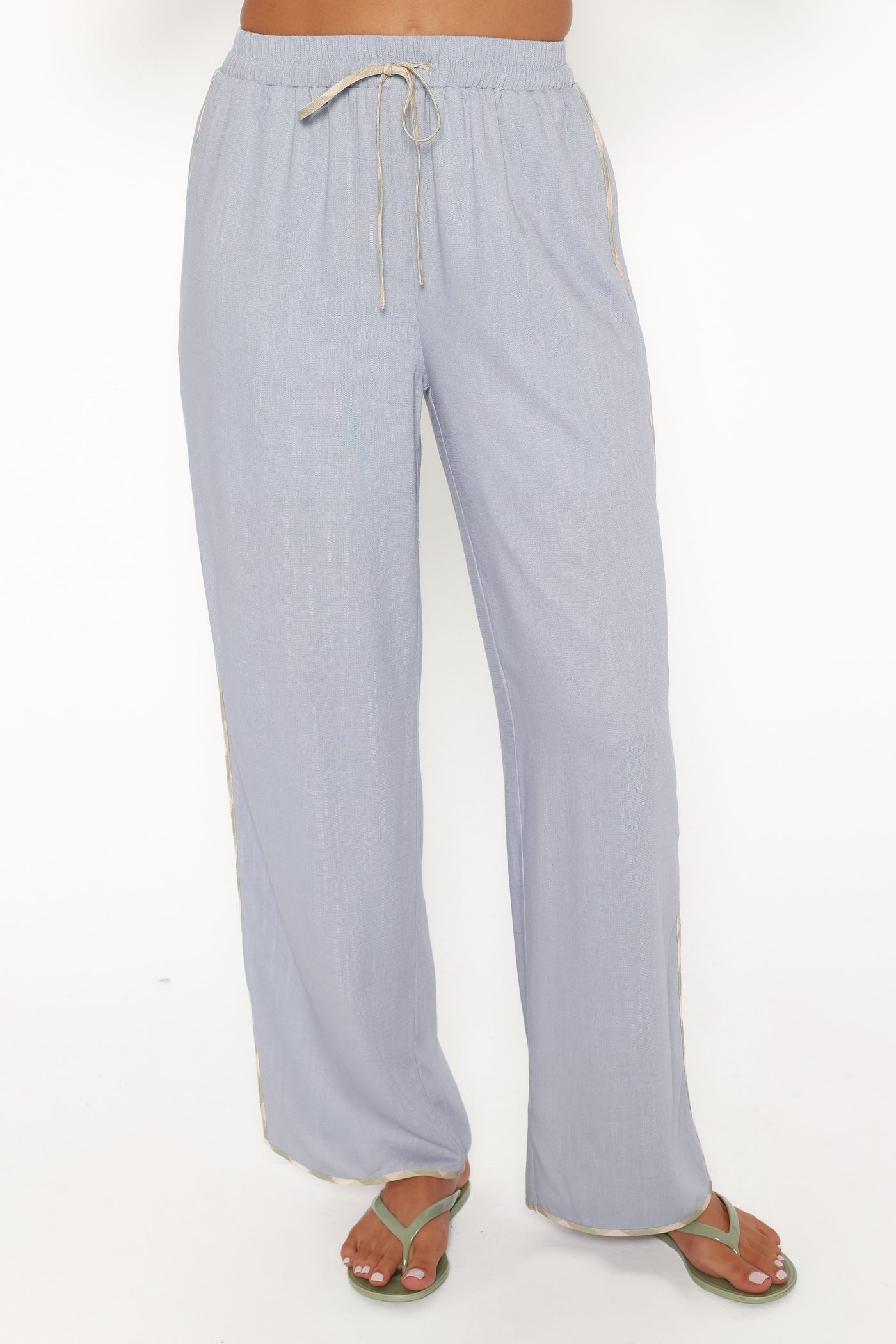 Venda Contrast Trim Pants - Light Blue Linen