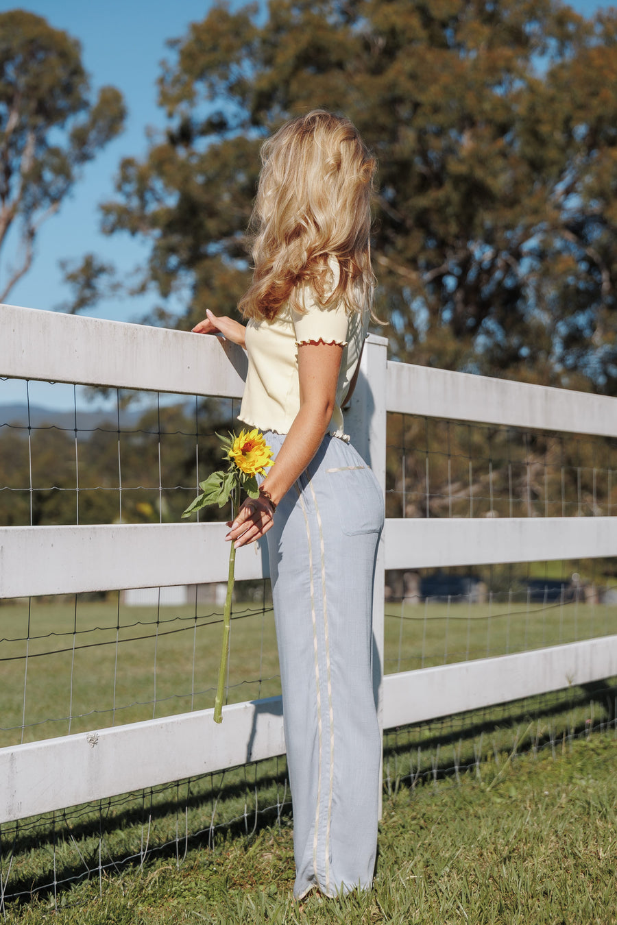 Venda Contrast Trim Pants - Light Blue Linen