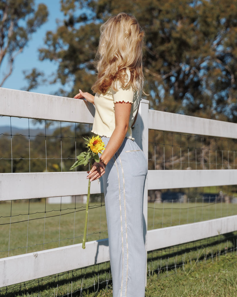 Venda Contrast Trim Pants - Light Blue Linen