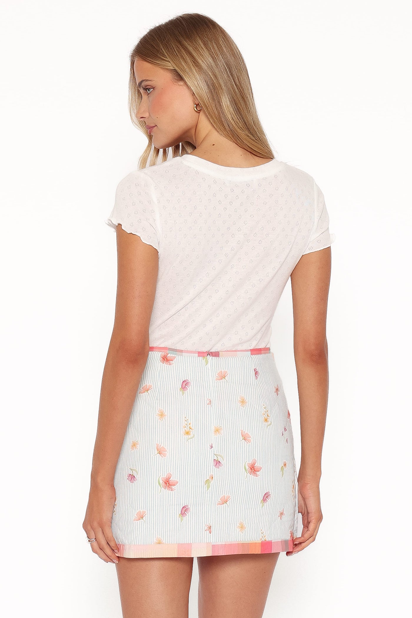 Yana Faux Wrap Quilted Mini Skirt - Blue Garden Stripe