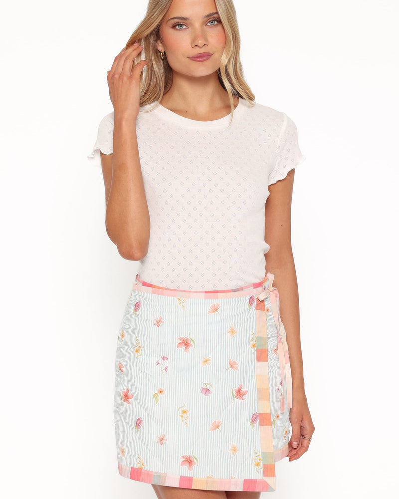 Yana Faux Wrap Quilted Mini Skirt - Blue Garden Stripe