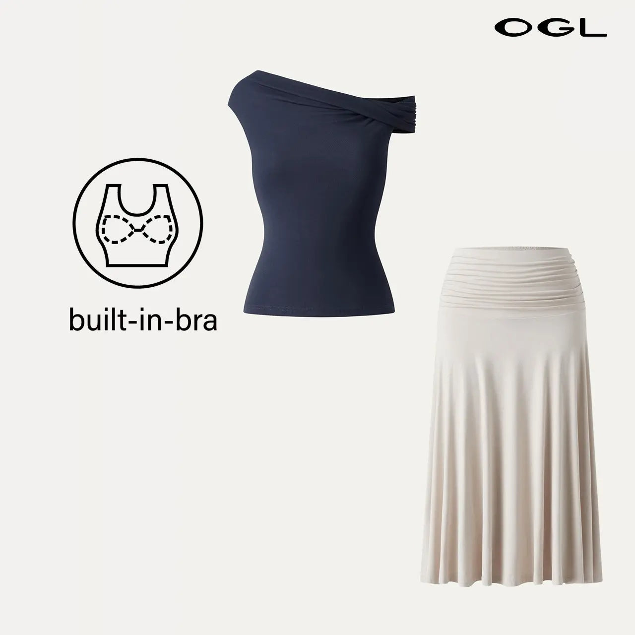 2Pcs Set Multi-wear Versatile Necklines Brami Top & Flowy Side Ruched A-line Midi Skirt with Built-in-Bra SkinKiss for Summer Womenswear - matching sets women summerwins DealsForYouDays