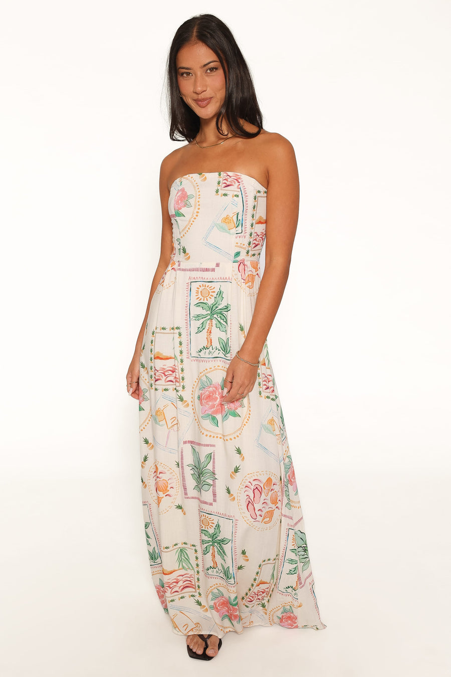 Lindon Strapless Maxi Dress - Cream Palm Print
