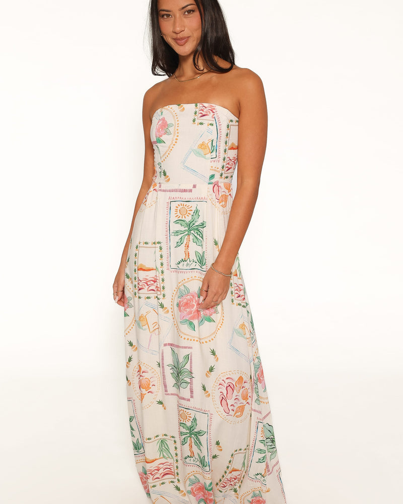 Lindon Strapless Maxi Dress - Cream Palm Print