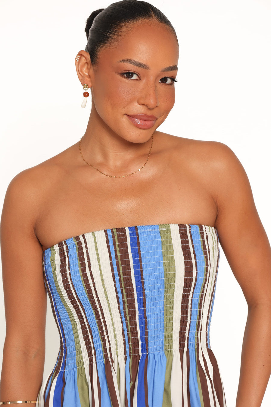 Nella Strapless Maxi Dress - Blue/Khaki Stripe