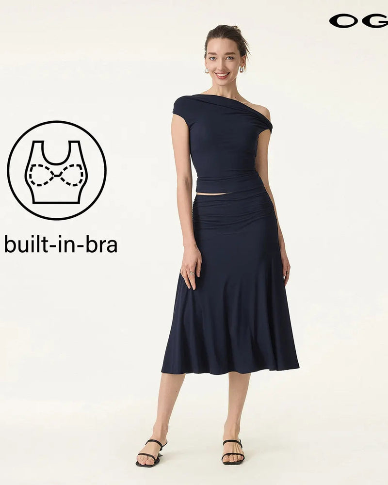 2Pcs Set Multi-wear Versatile Necklines Brami Top & Flowy Side Ruched A-line Midi Skirt with Built-in-Bra SkinKiss for Summer Womenswear - matching sets women summerwins DealsForYouDays