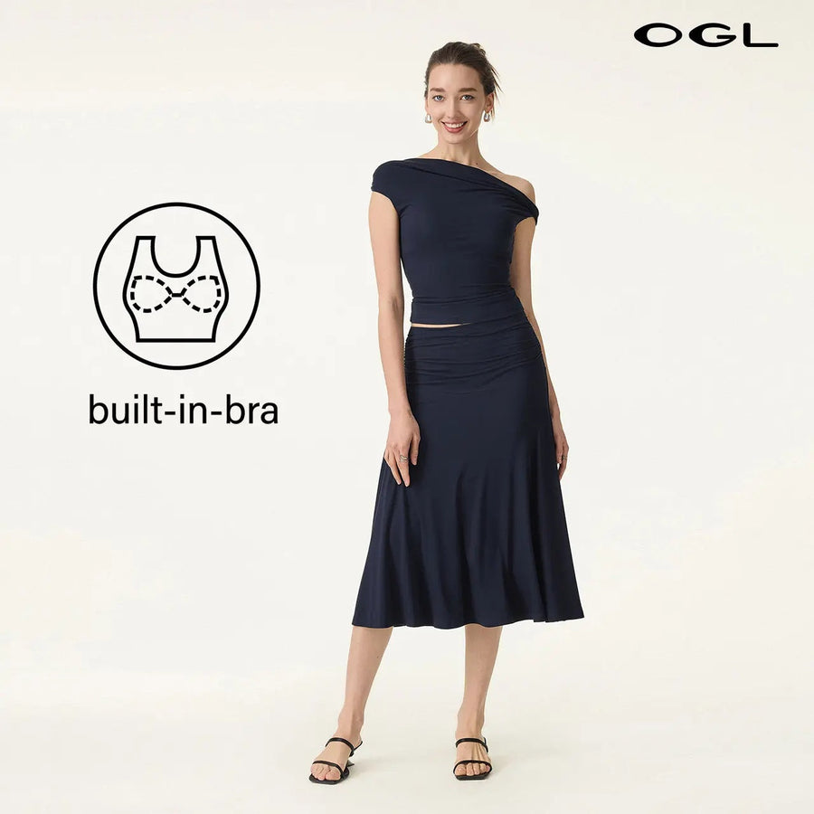2Pcs Set Multi-wear Versatile Necklines Brami Top & Flowy Side Ruched A-line Midi Skirt with Built-in-Bra SkinKiss for Summer Womenswear - matching sets women summerwins DealsForYouDays