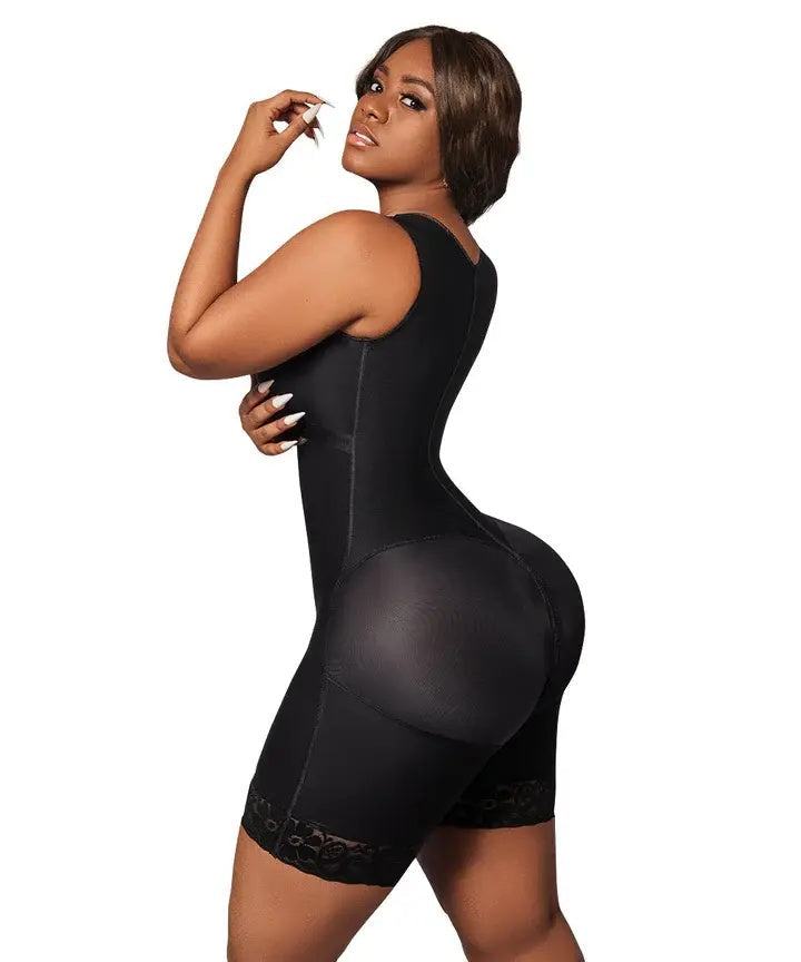 Mid Thigh Bodysuit With Bra High Compression / Runs Small •High Compression / Runs small •3 Compression Hook Levels • Perineal Zipper • Black (One Size for Hips and another for Waist) (LUXBBL-293)