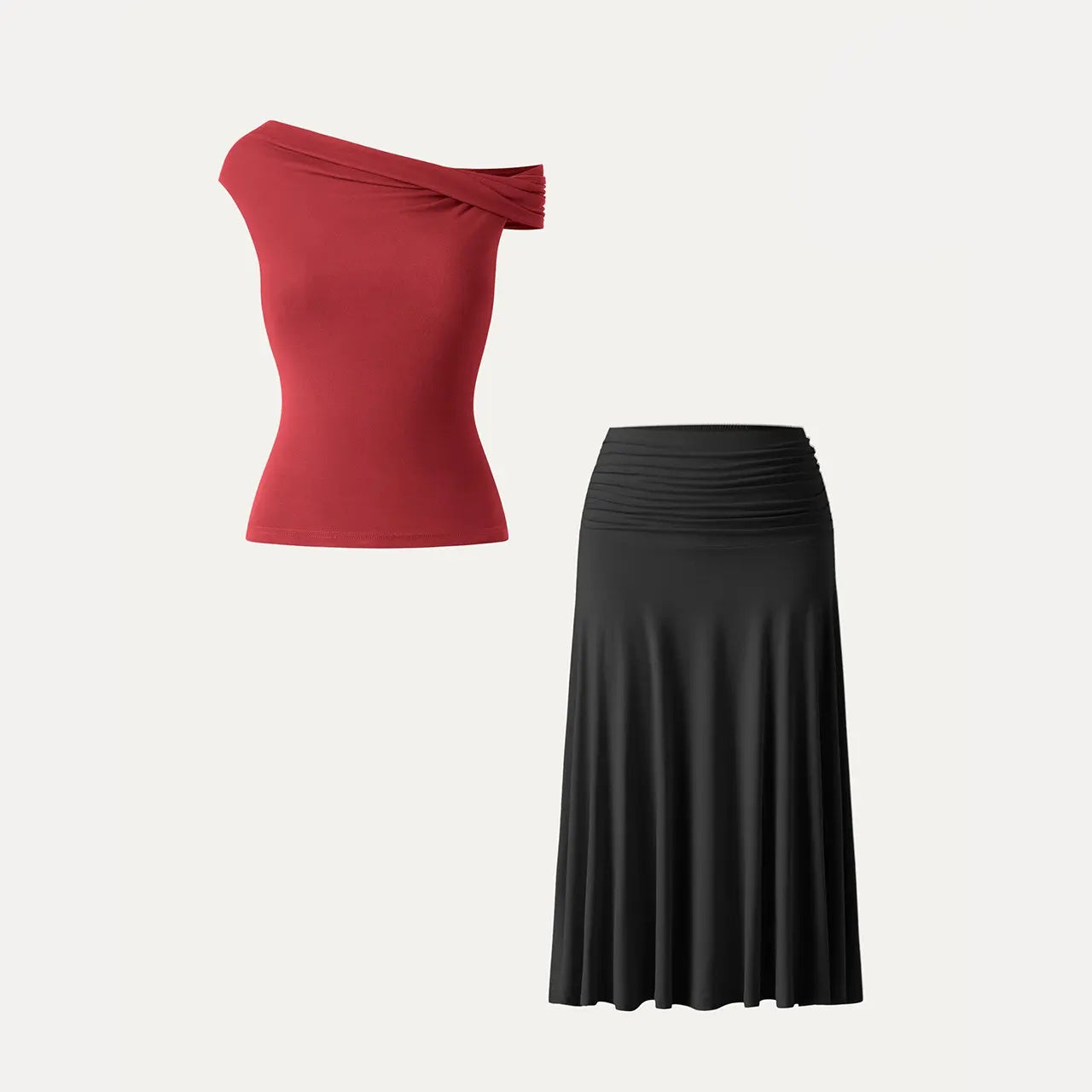 2Pcs Set Multi-wear Versatile Necklines Brami Top & Flowy Side Ruched A-line Midi Skirt with Built-in-Bra SkinKiss for Summer Womenswear - matching sets women summerwins DealsForYouDays