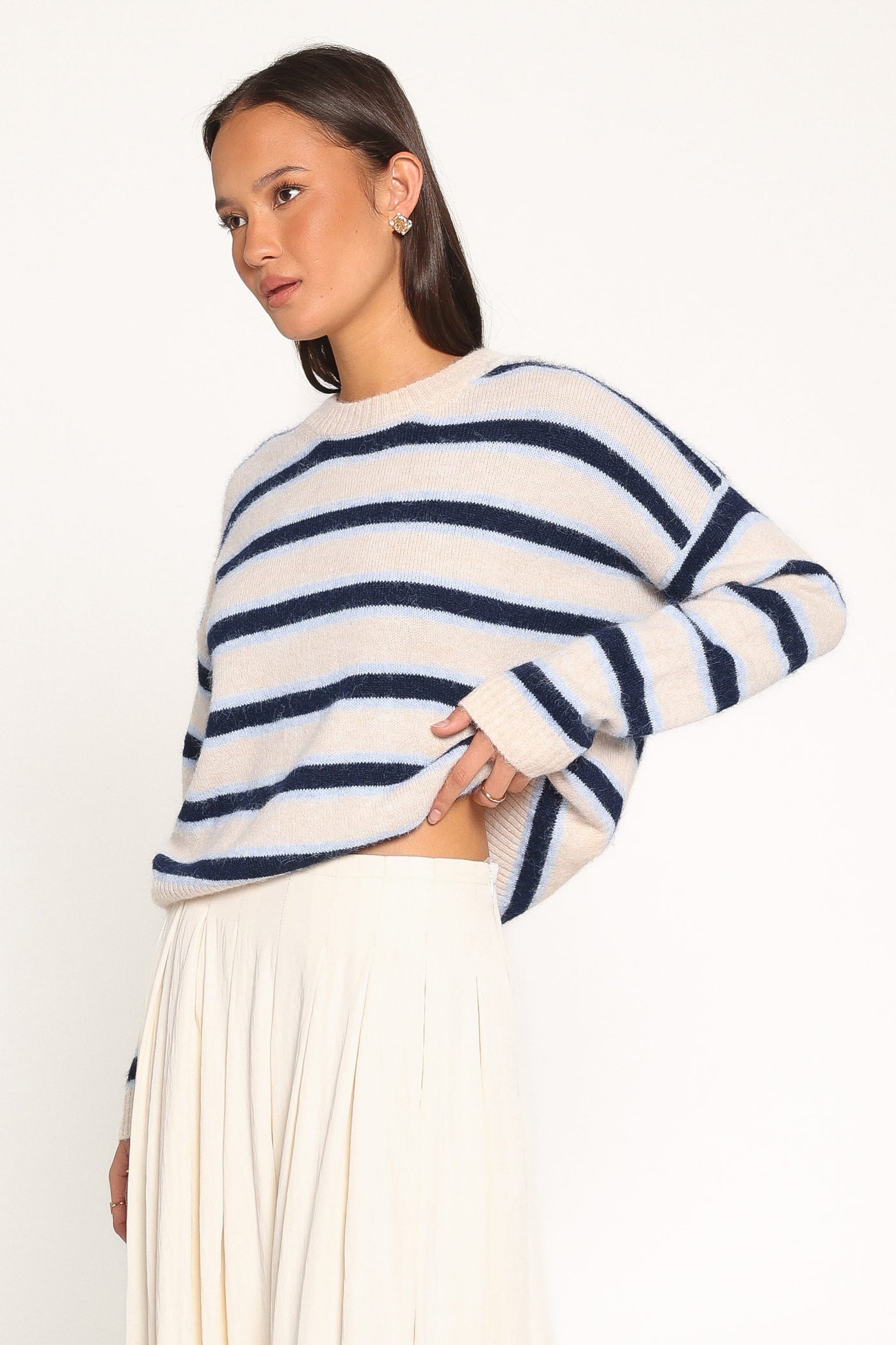 Renae Knit Sweater - White Blue Stripe