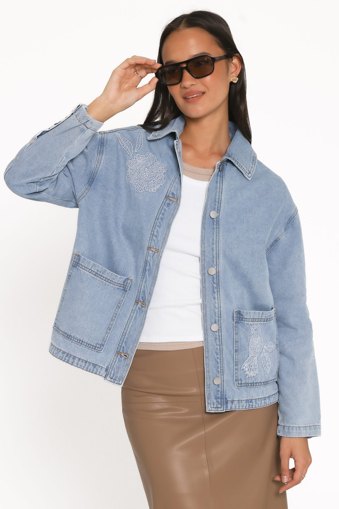 Mora Embroidered Denim Shacket - Light Wash