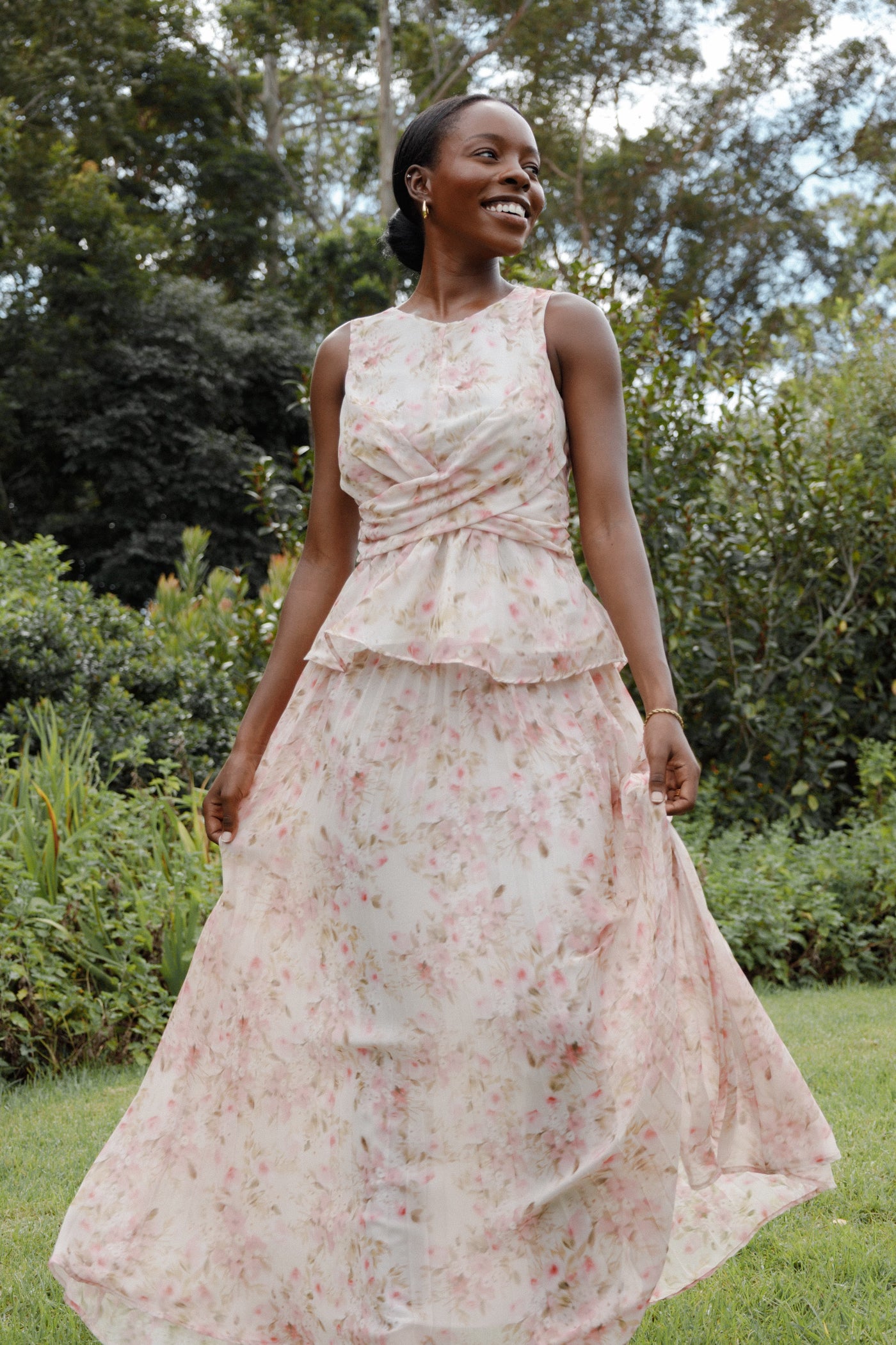 Mena Pleated Maxi Skirt - Blurred Pink Floral