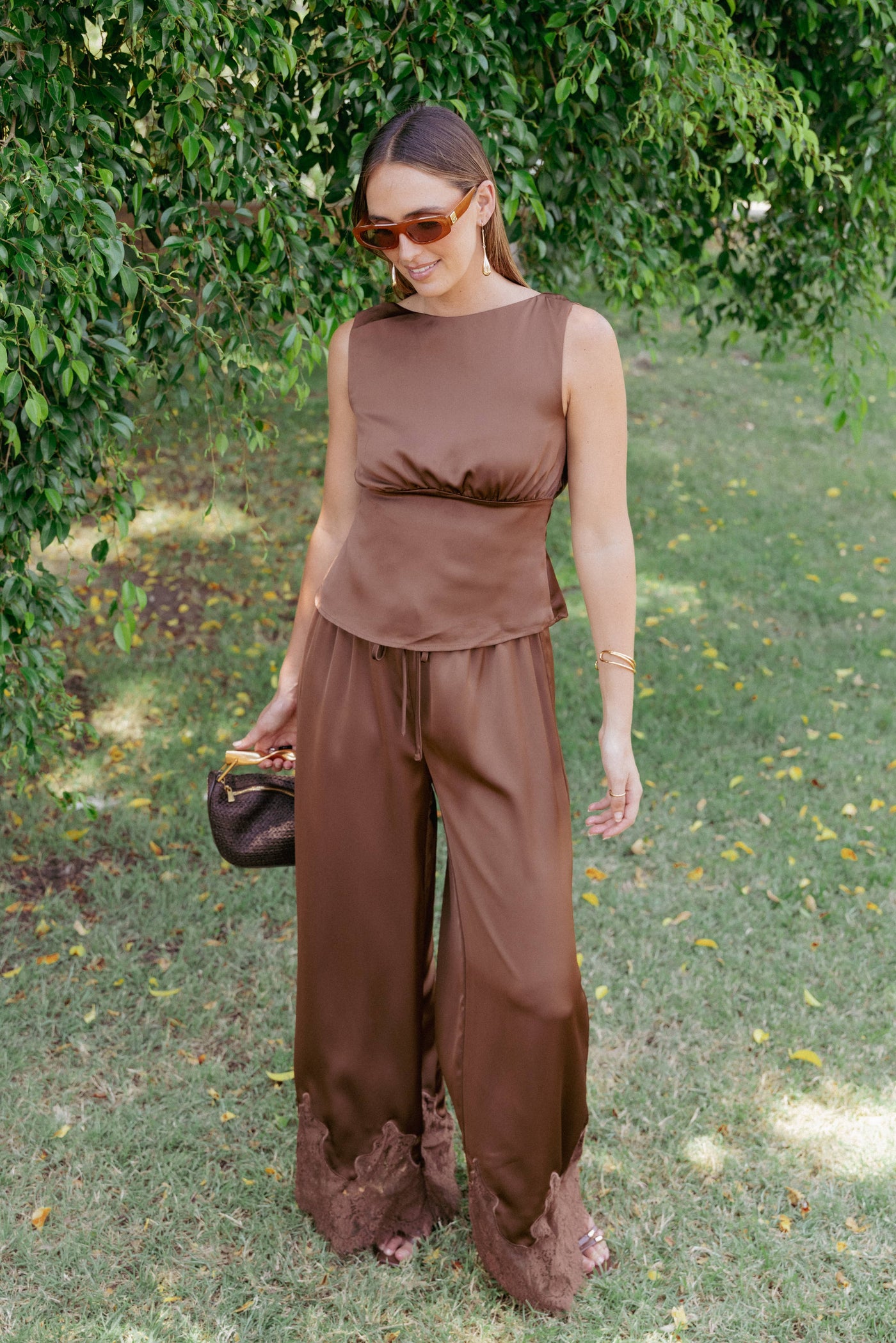 Viola Drawstring Wide Leg Pant - Chocolate