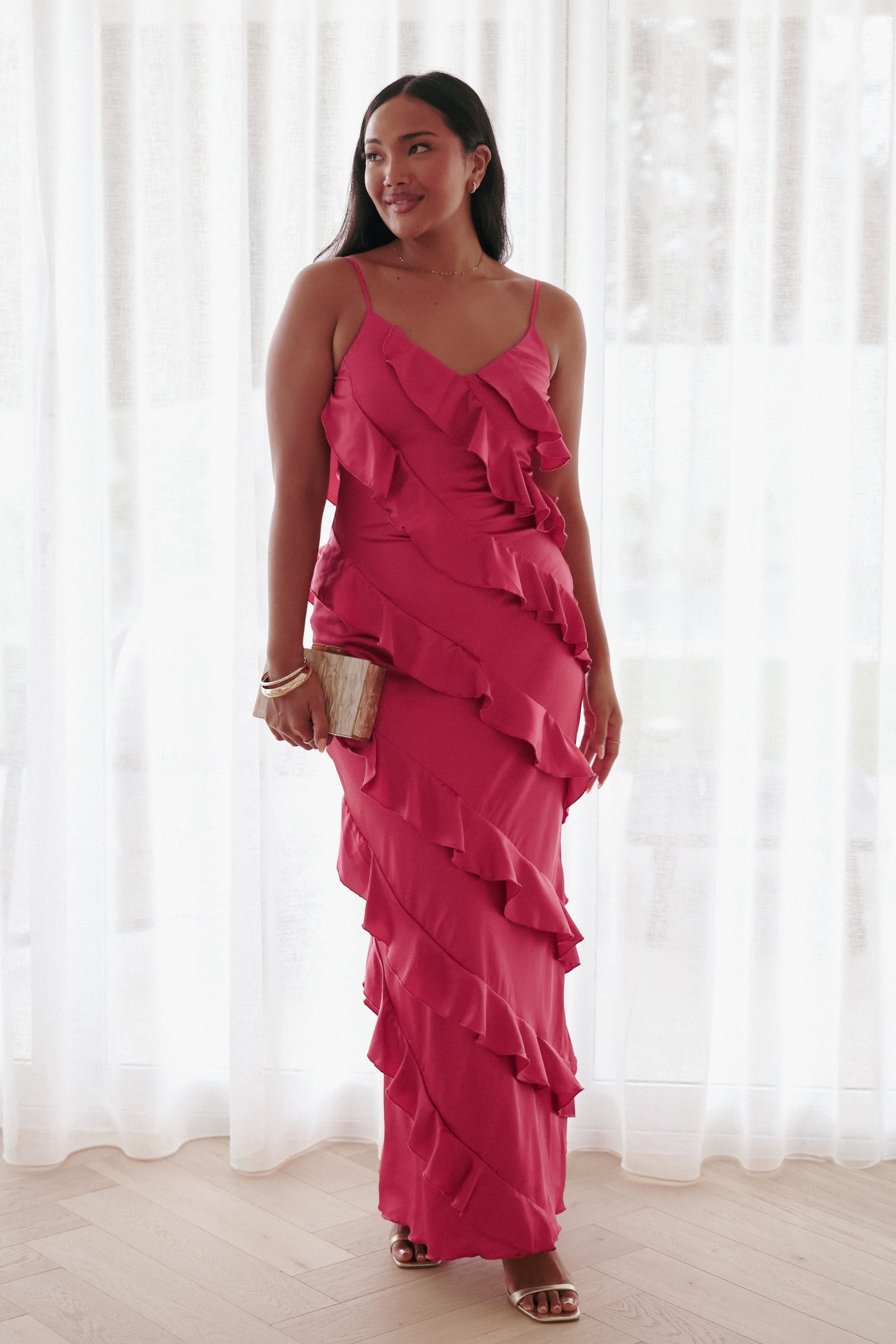 Ciao Ruffles Maxi Satin Dress - Fuchsia