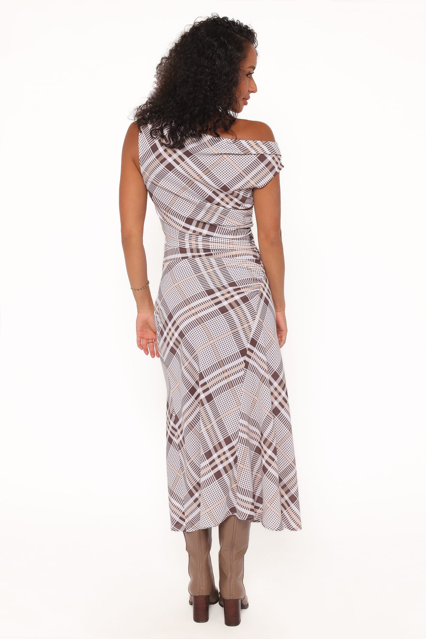 Dawn Off Shoulder Midi Dress - Plaid