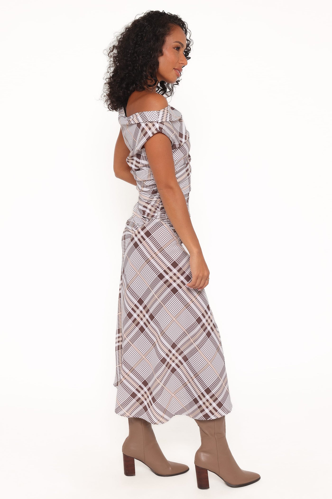 Dawn Off Shoulder Midi Dress - Plaid