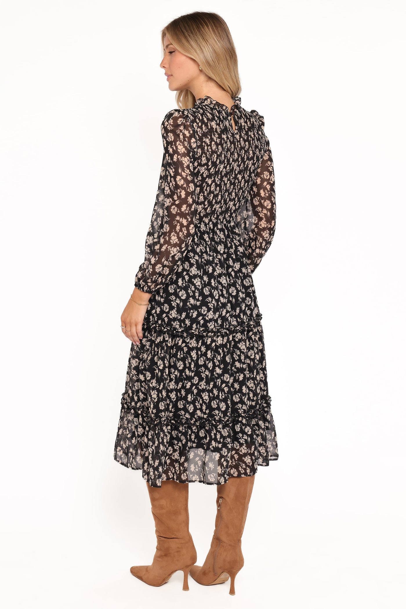 Edwina Shirred Frill Long Sleeve Midi Dress - Black Ditsy Floral
