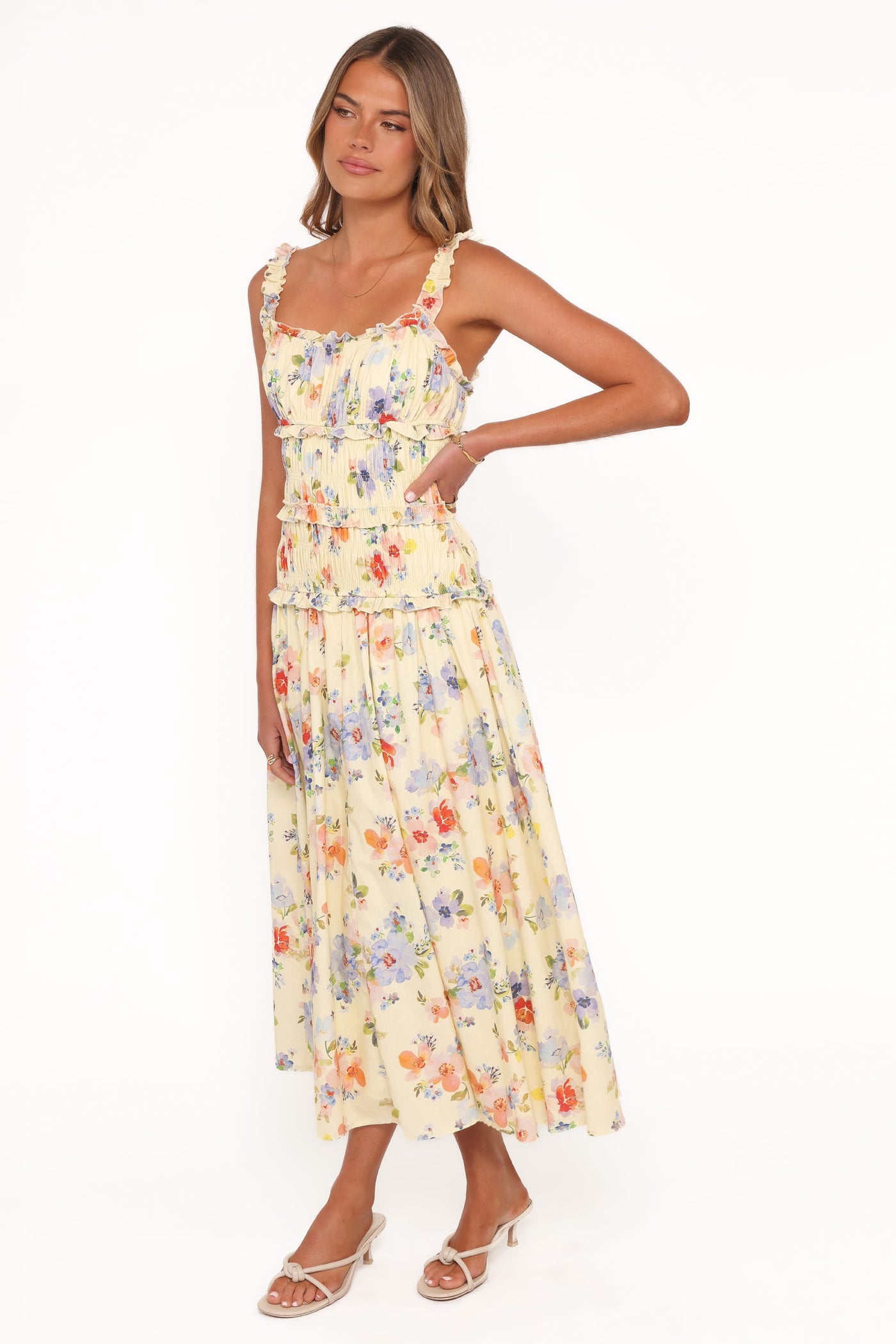 Enola Gather Midi Dress - Yellow Floral