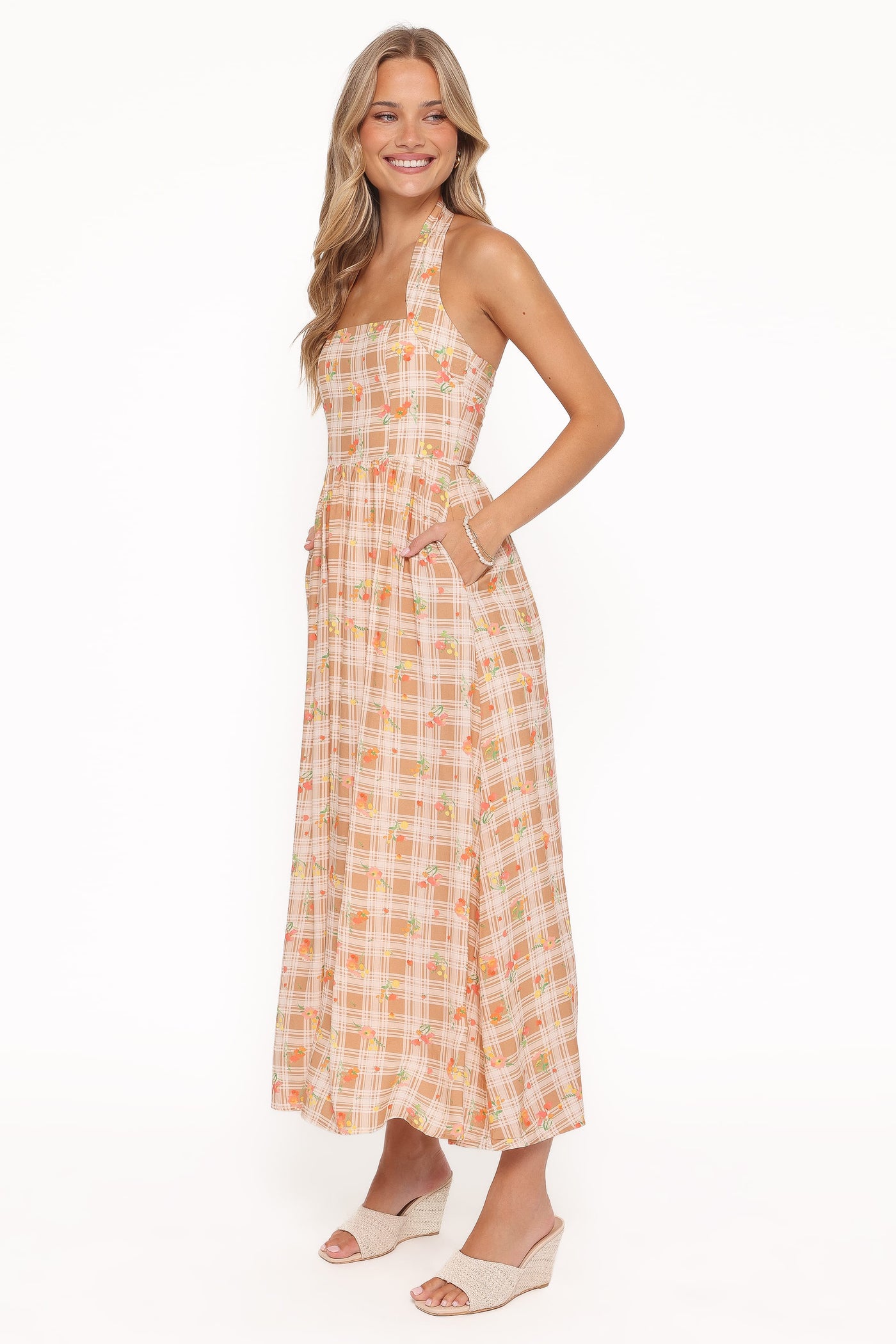 Gemini Halterneck Maxi Dress - Yellow Floral Gingham