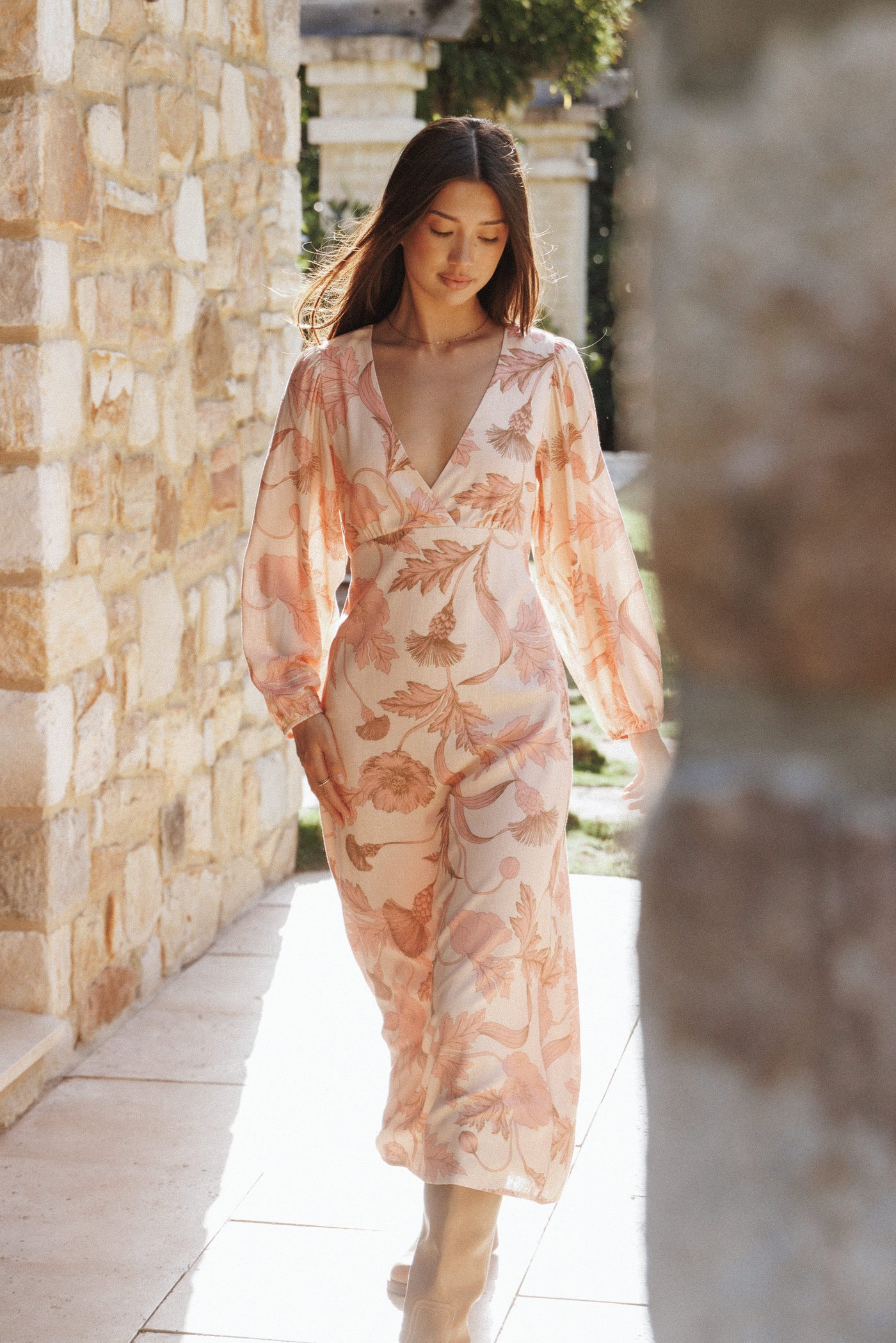 Kolby Long Sleeve Midi Dress - Pink Floral