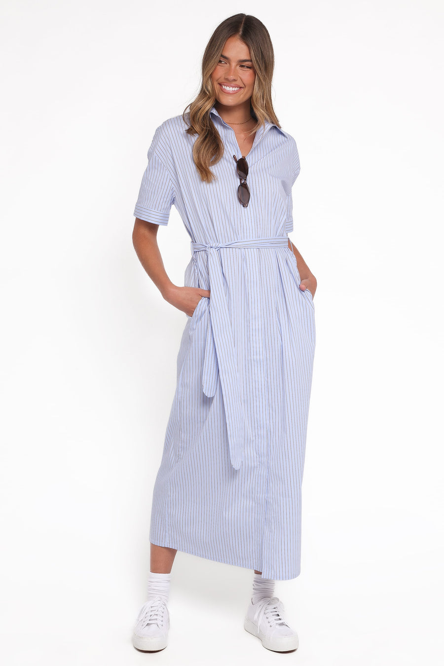 Morrison Short Sleeve Shirt Dress - Blue Brown Stripe
