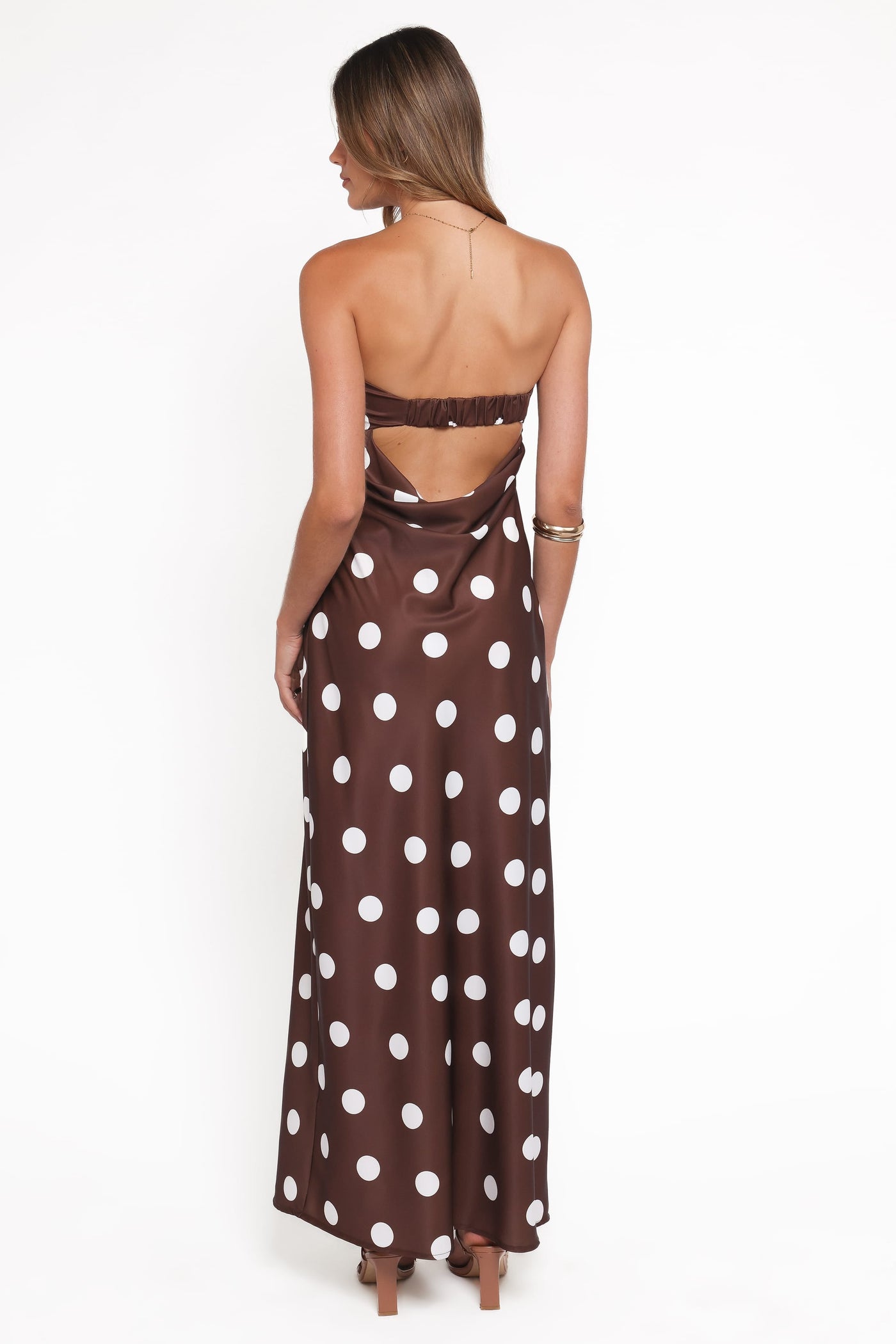 Remmie Strapless Maxi Dress - Brown Polka Dot