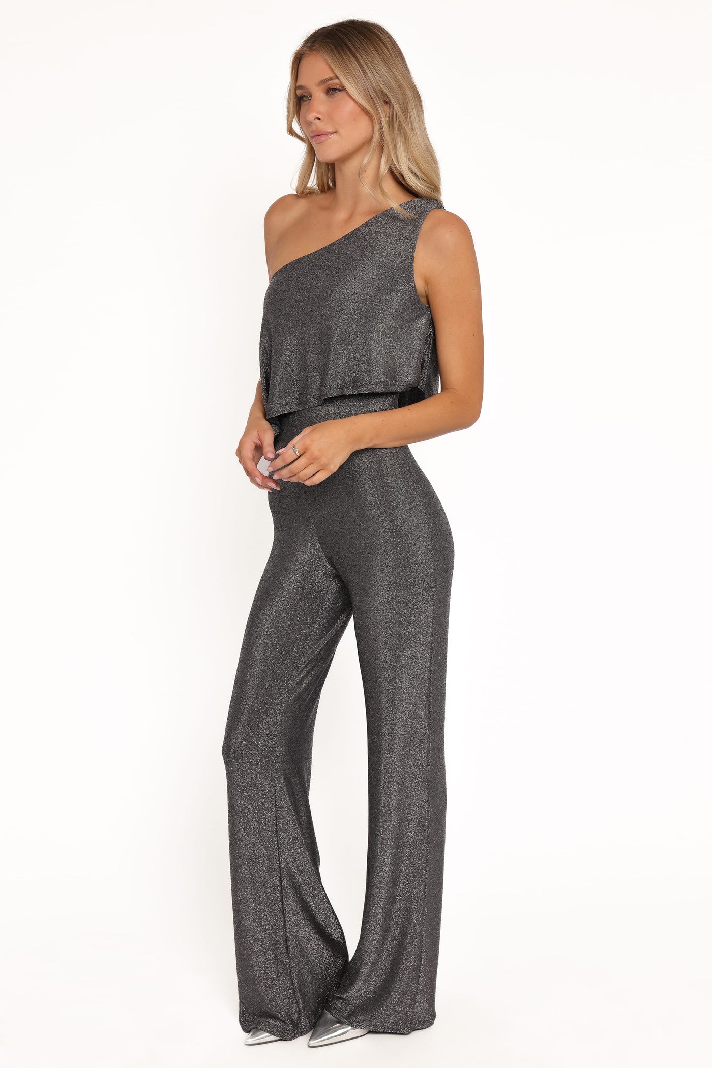Anna One Shoulder Lurex Jumpsuit - Black Silver